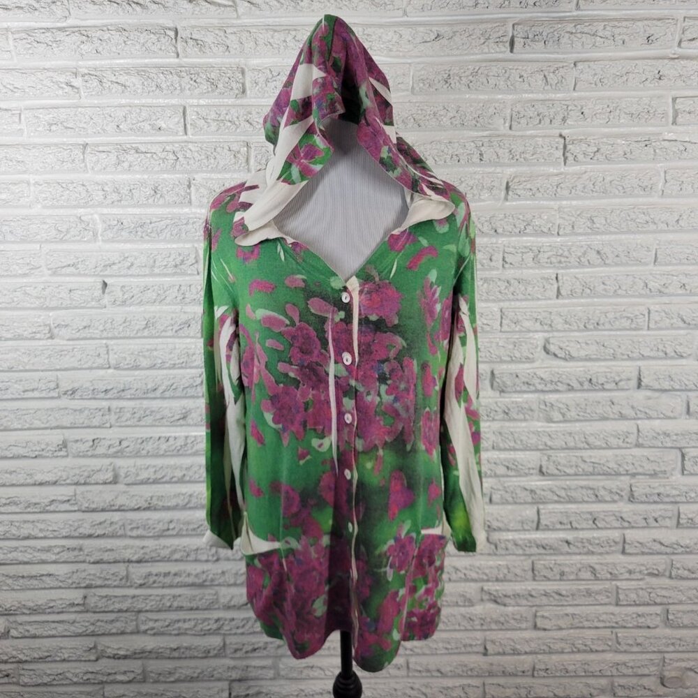 Mushka Sienna Rose Women's XL Purple Green Floral Hoodie Cardigan Pocket WAT57XE